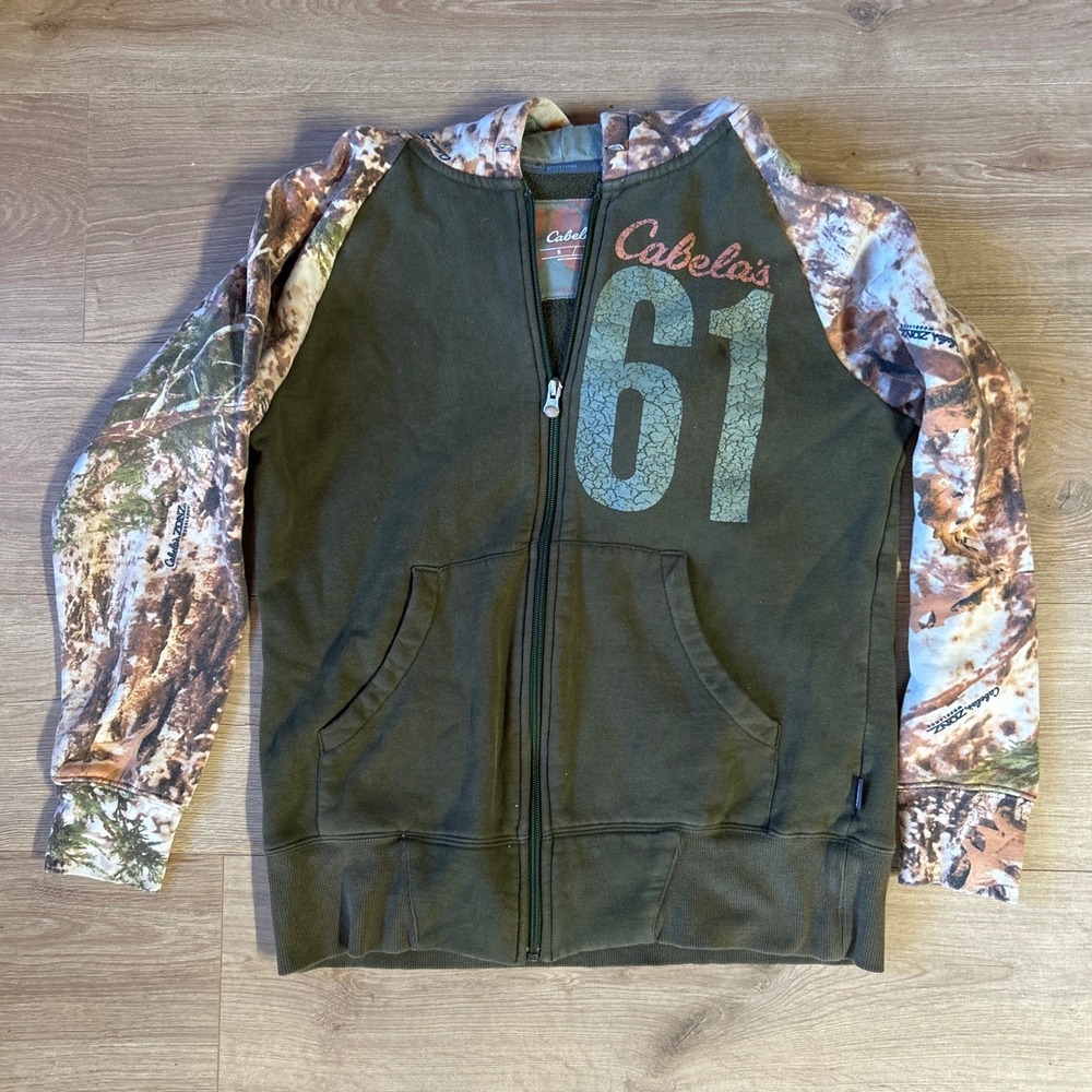 Cabelas Mens Small Full Zip Hoodie Olive Green Camo Zonz Woodlands Graphic 61
